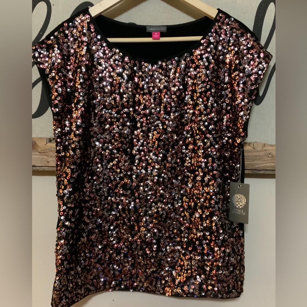 Vince Camuto Women’s Rose Gold Sequined Party Sparkly Festival Sz M Blouse NWT
